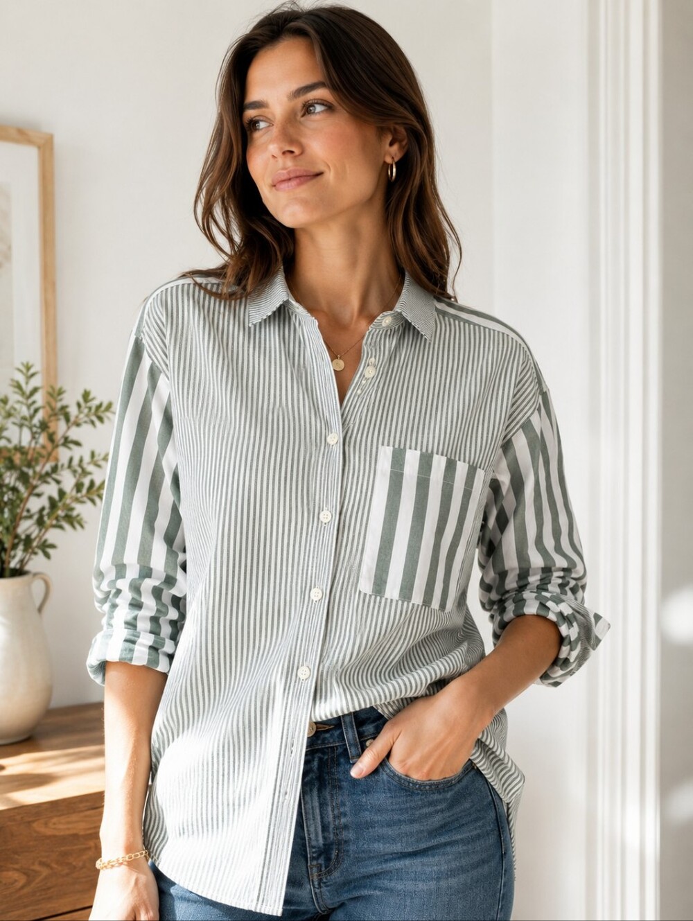 💚🤍 Loft Oversized Green White Striped Button-Down Shirt Mixed Stripe Pocket M
